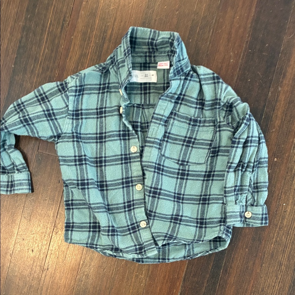 Zara Green-Blue Plaid Button-Down Shirt for Kids